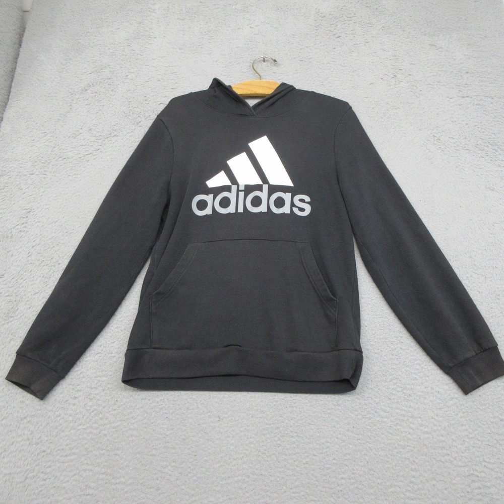Adidas‎ Hoodie Youth L Black Big Logo Pullover Sweatshirt Kangaroo Pocket Street